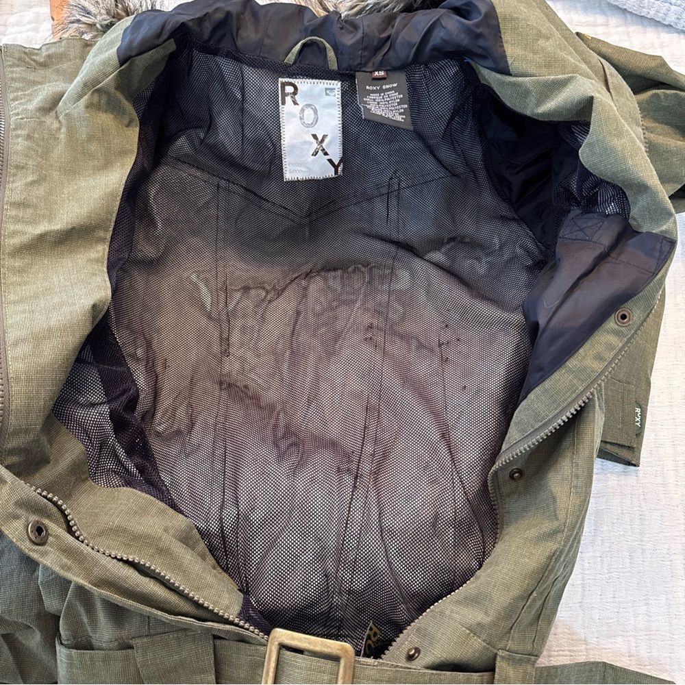 Roxy Snow Jumpsuit Snow Suit Olive Green Women’s XS Fur Lined Collar Y2K - Picture 7 of 15
